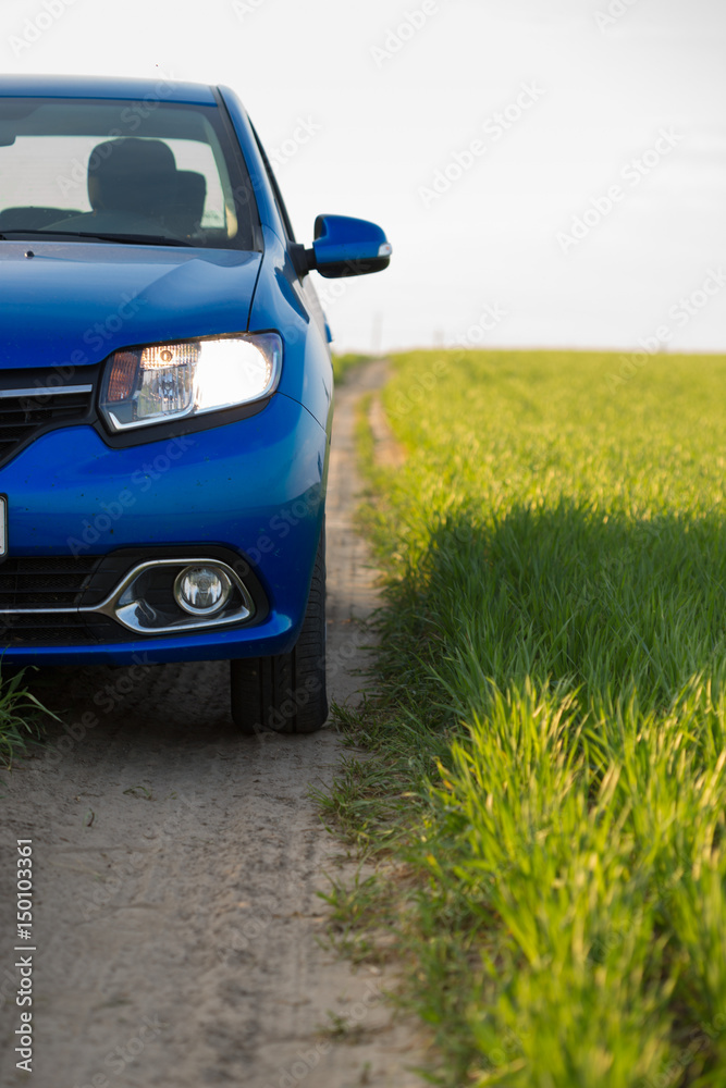 GOMEL, BELARUS - 6 May 2017: blue car Renault Logan parked in a field on a country road. GOMEL, BELARUS - 6 May 2017: blue car Renault Logan parked in a field on a country road.