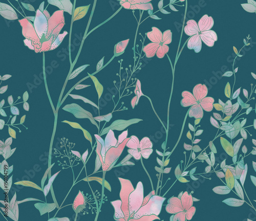Seamless Pattern with Watercolor Flowers, Branches, Plants