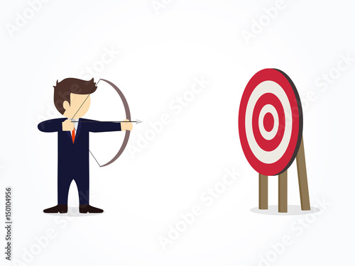 Cartoon businessman aiming target with bow and arrow. Vector illustration for business design and infographic.