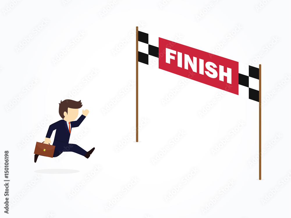 Businessman cartoon running into finish line achieving accomplishment.  Stock Vector