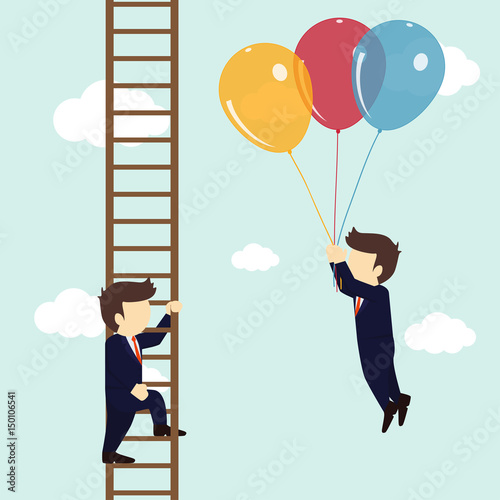 Businessman with red balloon fly pass businessman climbing the ladder. Vector illustration.