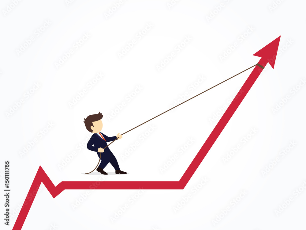 Businessman pulling arrow graph chart up with a rope. Vector ...