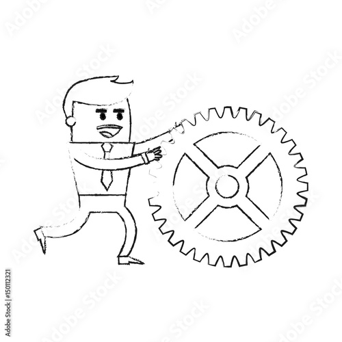 blurred silhouette image cartoon business man pushing a gear vector illustration