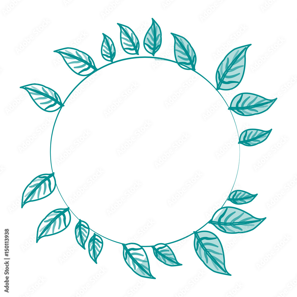 blue silhouette image decorative crown of leaves in circular shape vector illustration