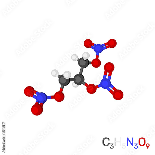 Trinitroglycerin (nitroglycerin) model molecule. Isolated on white background.