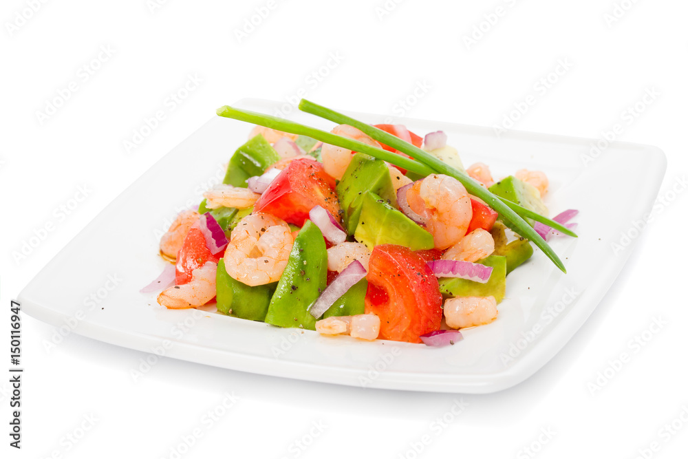 fresh prawn salad with avocado and tomatoes isolated on white