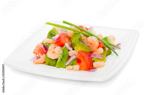 fresh prawn salad with avocado and tomatoes isolated on white