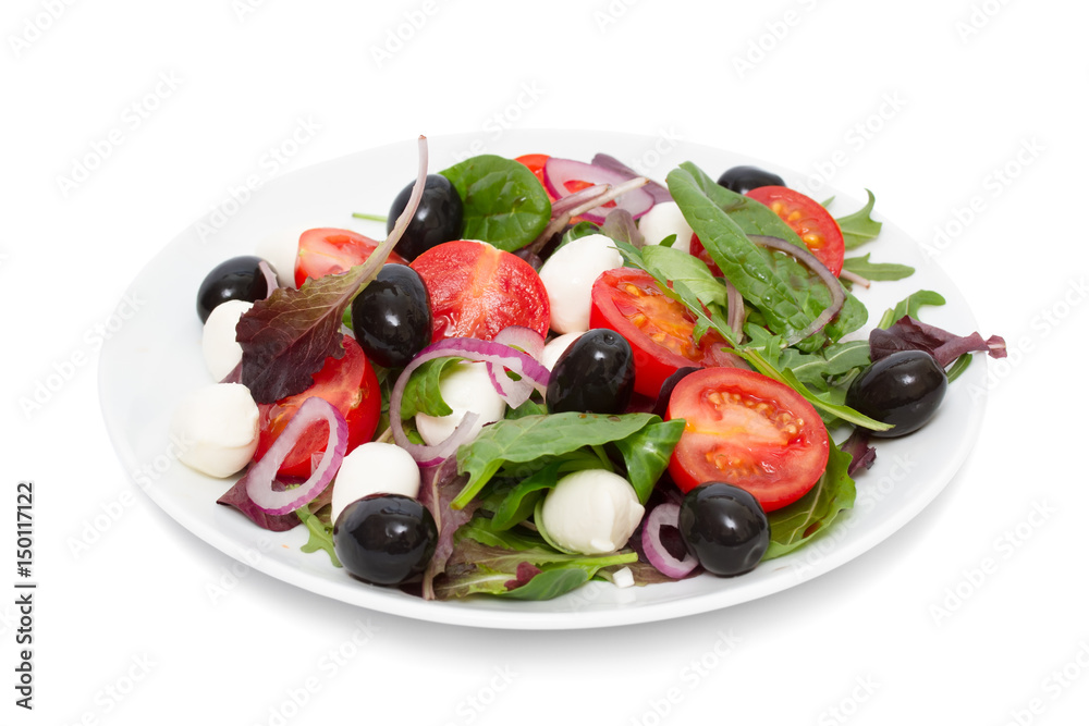 Vegetable salad with mini mozzarella isolated on white Vegetable salad with mini mozzarella isolated on white