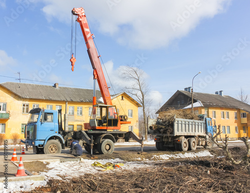 17,04,2017 Russia, Saint-Petersburg, Nikolsky. Landscaping of roadside areas. Cleaning of ditches and the harvesting of excess trees..