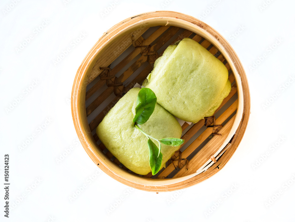 Chinese Steamed Buns on white background, from green tea