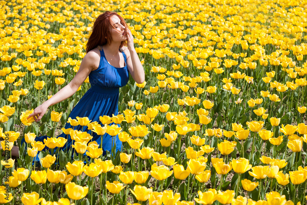 Fototapeta premium Attractive woman in blue dress in beautiful flower field in sunny summer day. Beautiful girl in springtime