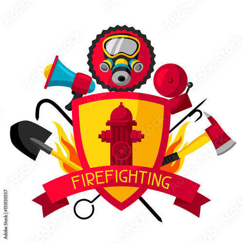 Badge with firefighting items. Fire protection equipment