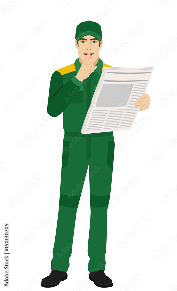 Worker with newspaper showing hush-hush sign Worker with newspaper showing hush-hush sign