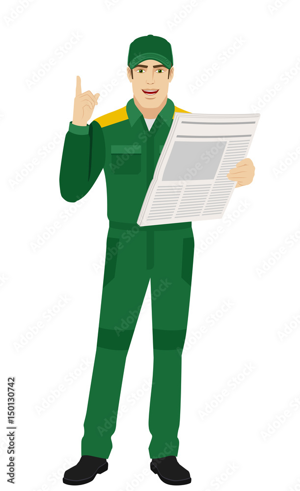 Worker with newspaper pointing up Worker with newspaper pointing up