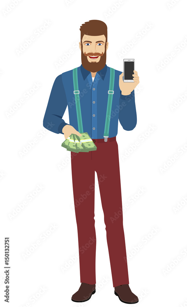 Hipster with cash money holding mobile phone
