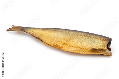 Smoked trout in front of a white background.