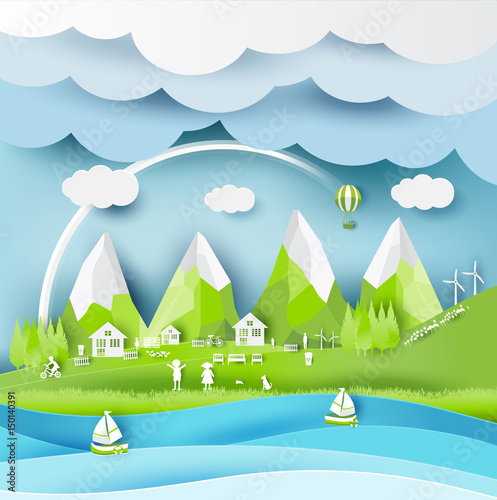 Green eco city and life paper art style, urban landscape and industrial factory buildings concept.vector illustration