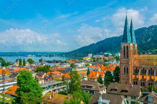 Aerial view of Bregenz dominated by the church of the sacred heart