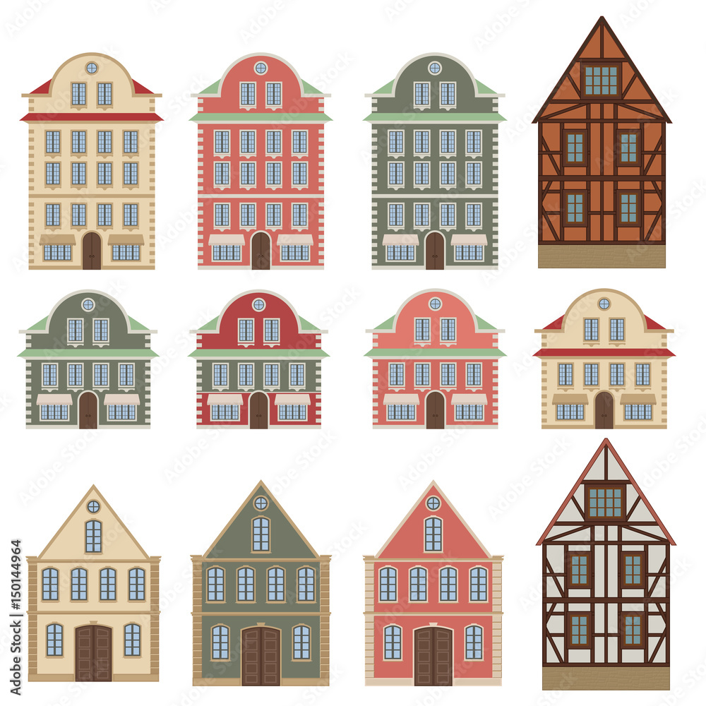 Old european houses. Colored drawing set