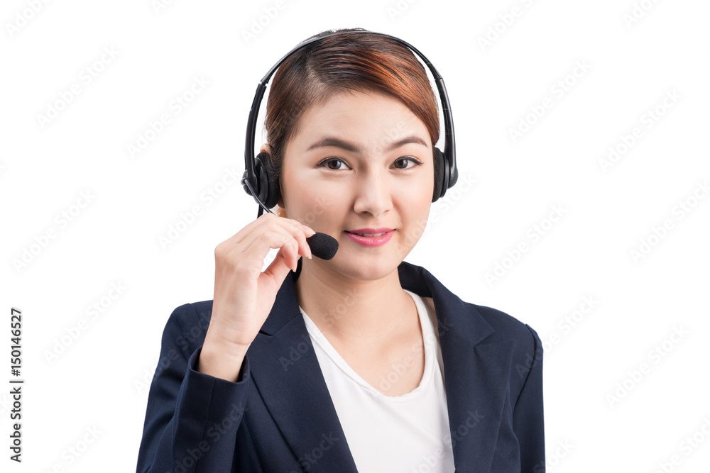 Portrait of beautiful young asian female customer service representative in headset looking at camera and smiling while isolated on white Portrait of beautiful young asian female customer service representative in headset looking at camera and smiling while isolated on white