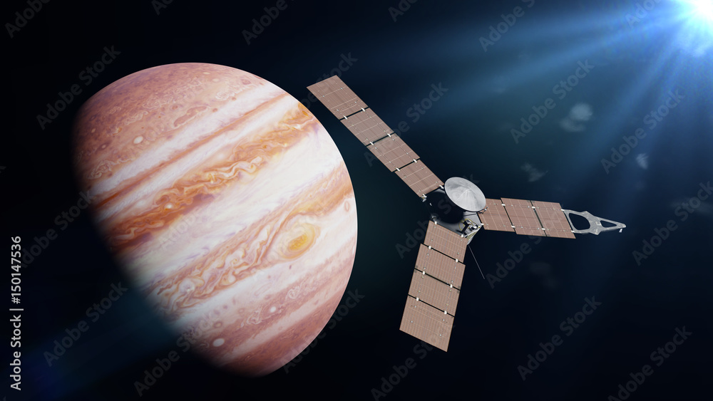 Naklejka premium Juno spacecraft in front of the planet Jupiter lit by the Sun