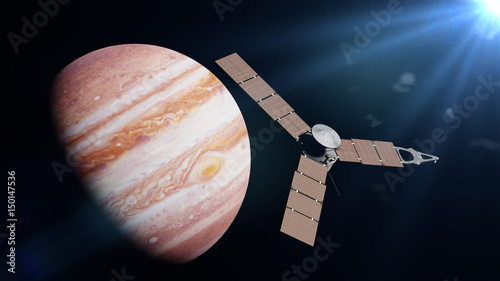 Fototapeta Naklejka Na Ścianę i Meble -  Juno spacecraft in front of the planet Jupiter lit by the Sun