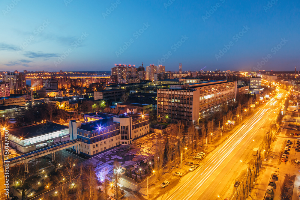 Night Voronezh cityscape from rooftop of Leninskiy Prospect