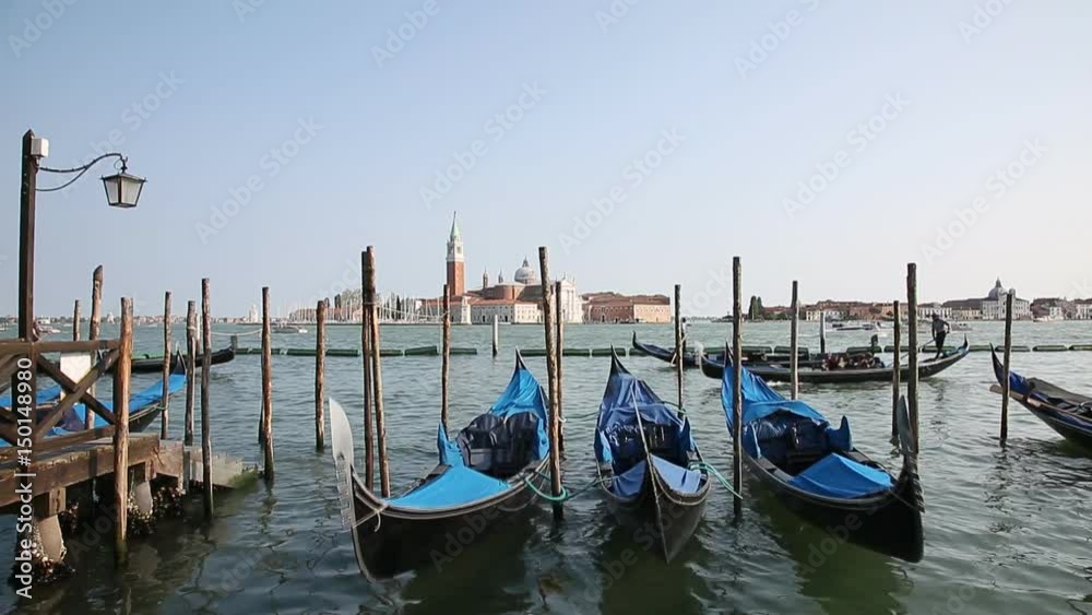 A view of the Cathedral of San Giorgio Maggiore, Venice lagoon and gondolas from the Piazza San Marco, Venice, Italy A view of the Cathedral of San Giorgio Maggiore, Venice lagoon and gondolas from the Piazza San Marco, Venice, Italy