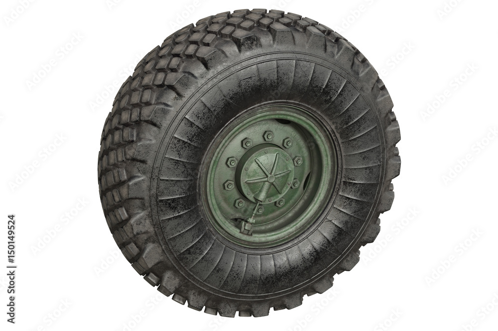 Car wheel rubber with green rim. 3D rendering Car wheel rubber with green rim. 3D rendering