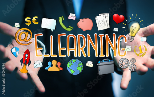 Businessman holding hand-drawn e-learning presentation
