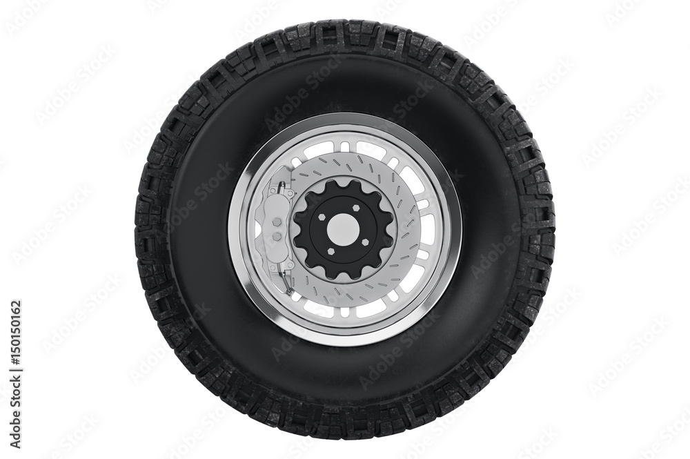 Fototapeta premium Car wheel black chrome with brake, back view. 3D rendering