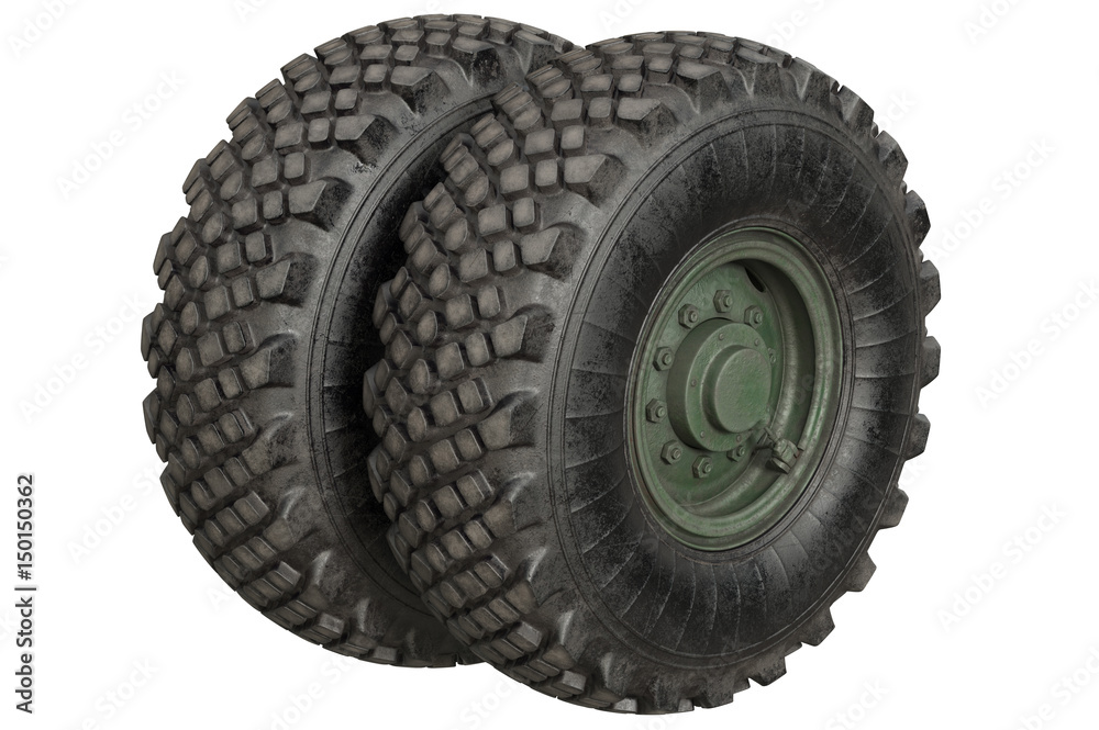 Car wheel rubber with green rim. 3D rendering Car wheel rubber with green rim. 3D rendering