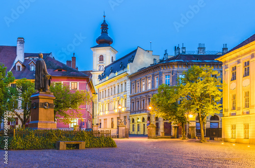 Historical center of Sibiu town at blue hour, Transylvania region, Romania.