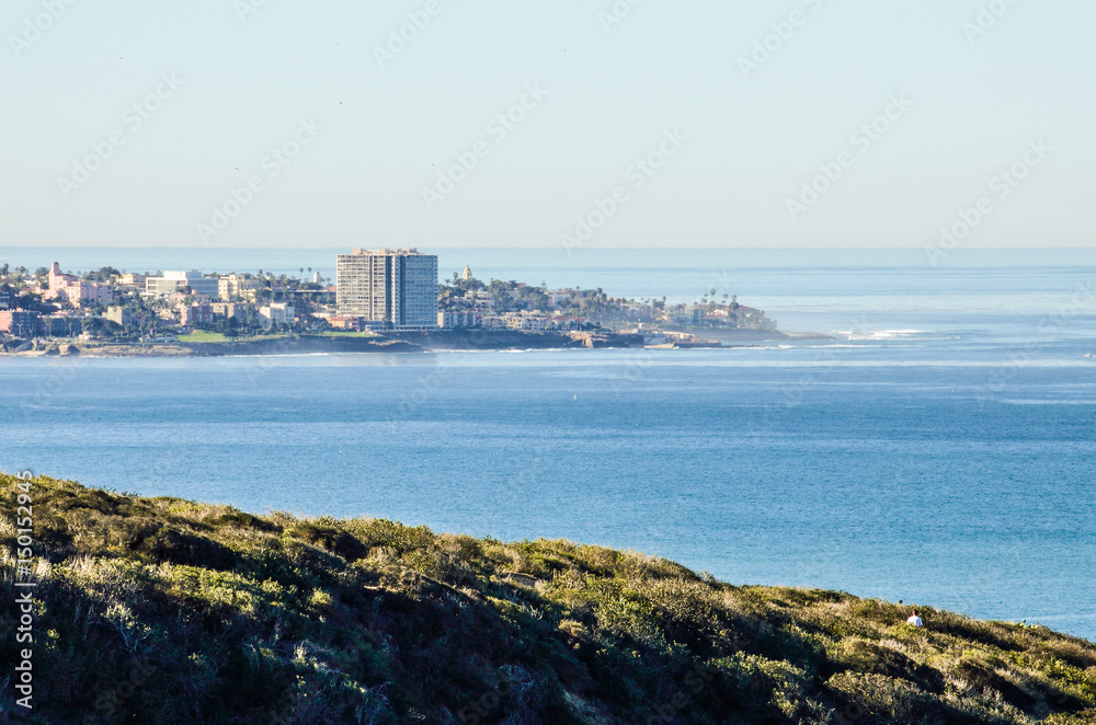 San Diego cityscape skyline coast coastline from Torrey Pines overlook in California