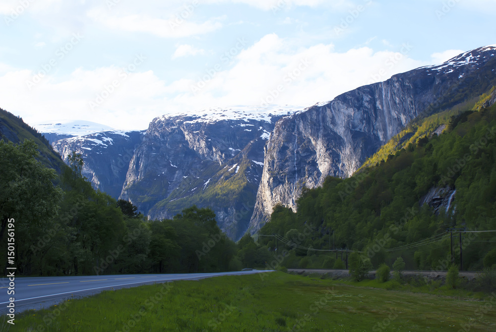 Beautiful Scandinavian landscape. Road in the mountains.
