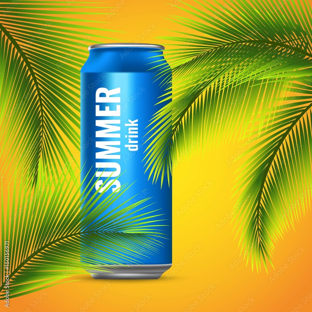 Fototapeta premium Energy drink in a tin can. Palm branches. Flight cooling drink. Vector 3d illustration