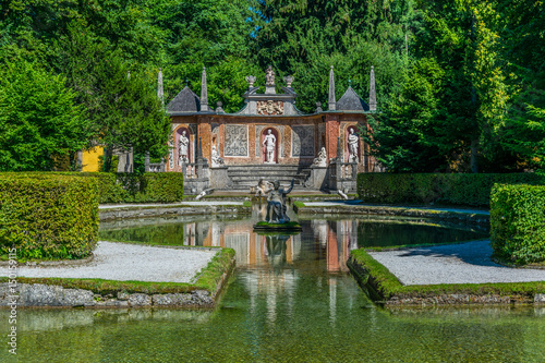 View of a trick fountain situated in a public park near the Hellbrunn Palace, Salzburg, Austria.