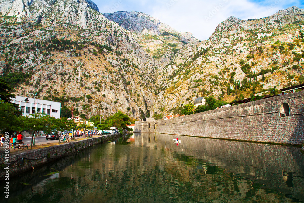 Mountains and fortification view in Kotor, Bay of Kotor, Montenegro. Old town on Adriatic Sea coast
