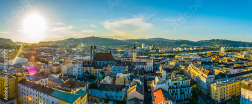 Aerial view of the Austrian city Linz including the old Cathedral, schlossmusem and the postlingberg basilica. photo
