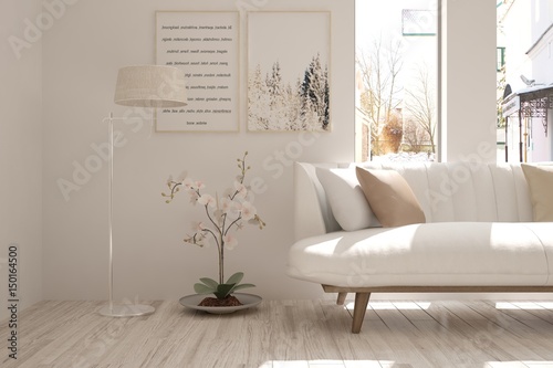 White modern room with sofa. Scandinavian interior design. 3D illustration