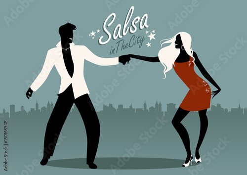 Salsa in the City. Silhouettes of young couple dancing latin music: salsa, merengue, bachata...