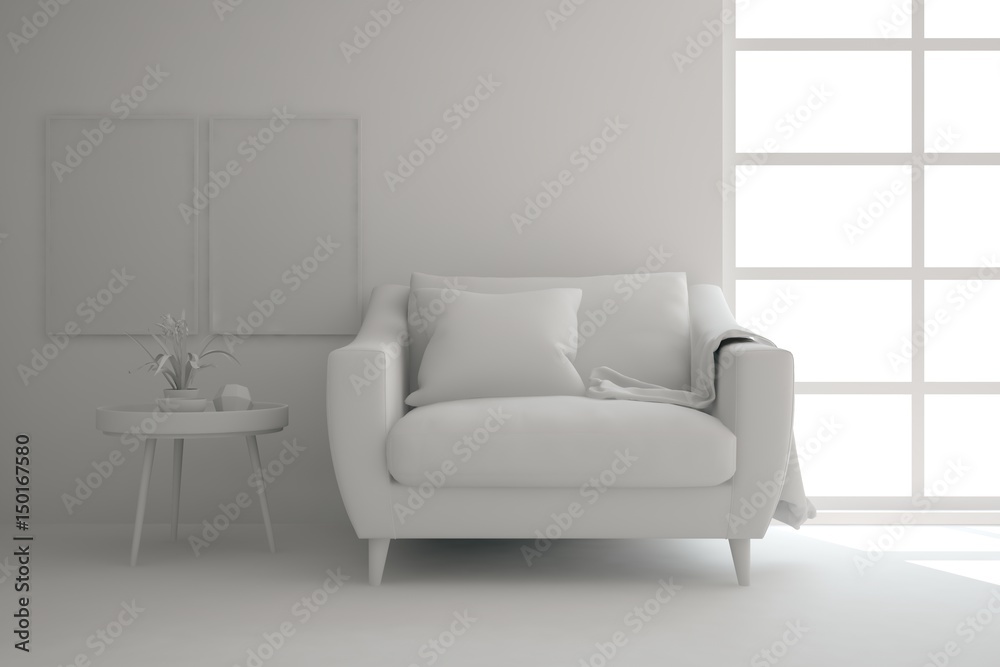 White room with armchair. Scandinavian interior design. 3D illustration White room with armchair. Scandinavian interior design. 3D illustration