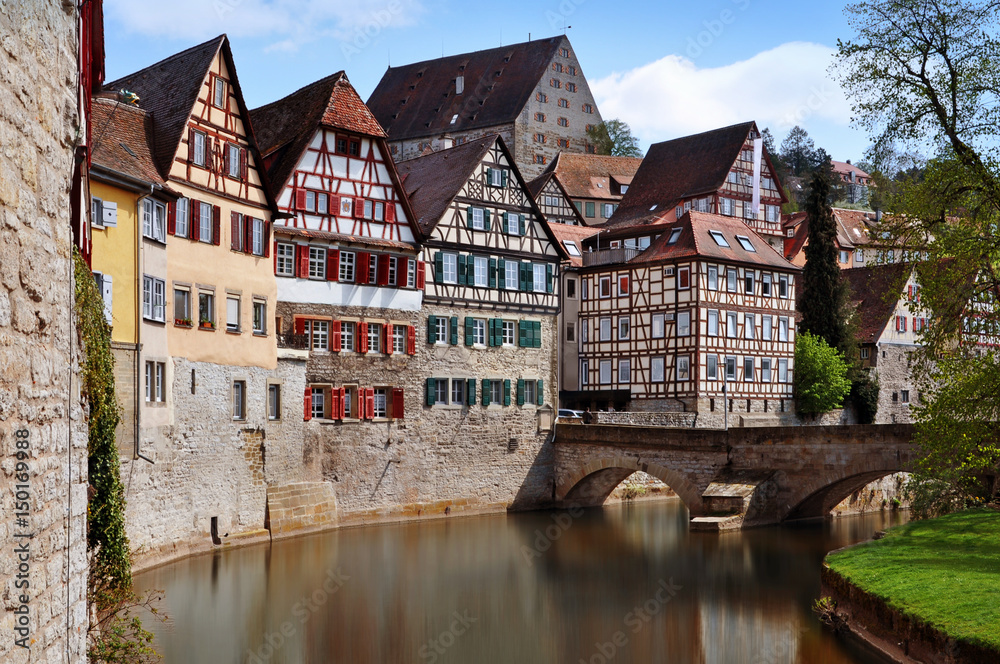 Ancient half-timbered houses of Schwabisch Hall along the river Kocher. Baden-Wurttemberg, Germany.