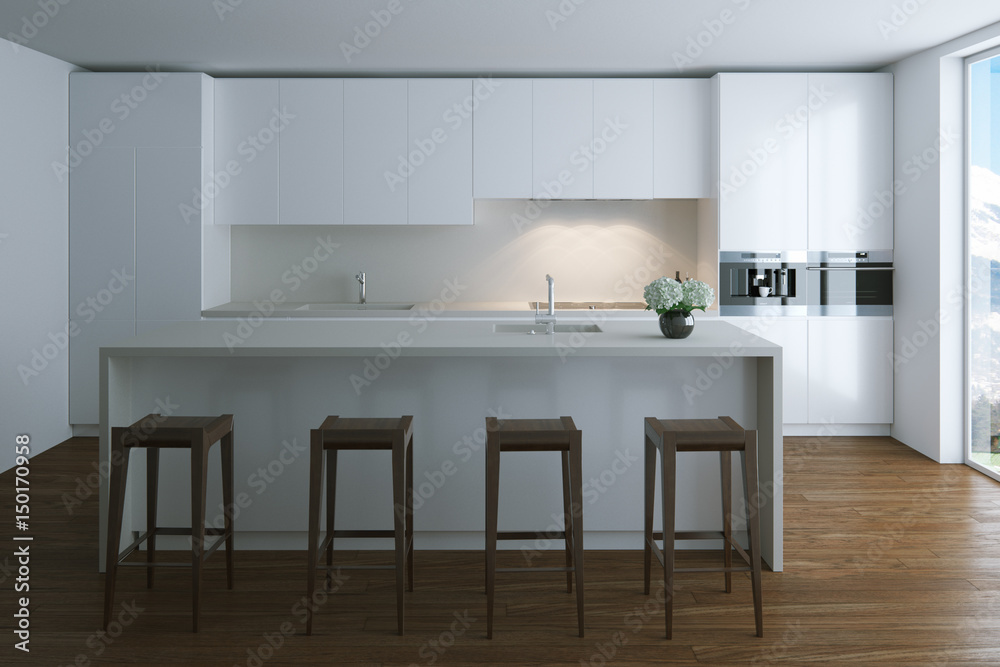 3d render white contemporary kitchen in big villa 3d render white contemporary kitchen in big villa