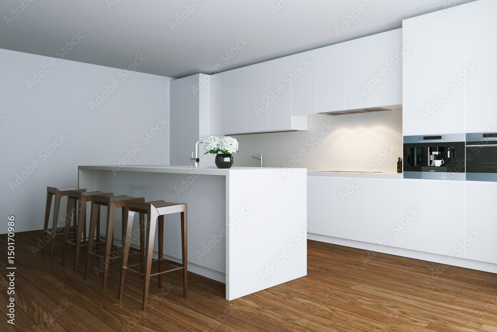 3d render white contemporary kitchen in big house 3d render white contemporary kitchen in big house