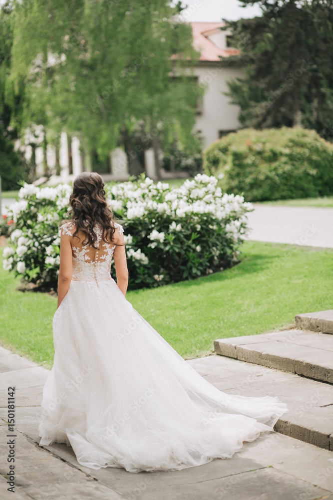 Fototapeta premium The delicate beautiful bride walks in the park in a wedding dress with lace and plume, bush with flowers. Fine art