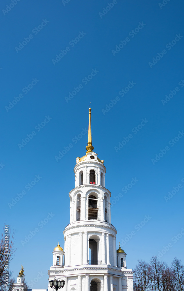 High white bell tower in Shuya, Ivanovo region, Russia. High white bell tower in Shuya, Ivanovo region, Russia.