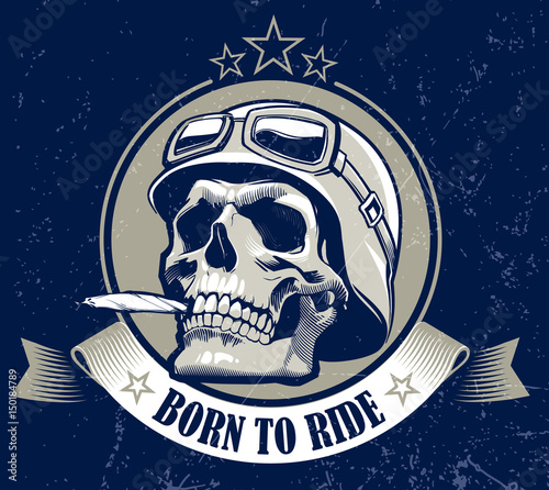 Grunge art of skull with retro racer glasses in helmet. Vector illustration.