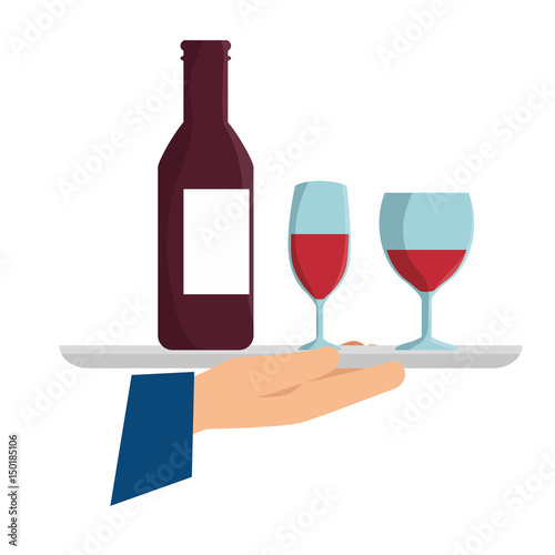Hand holding a silver tray with a bottle and glasses of wine. Vector illustration. © Gstudio