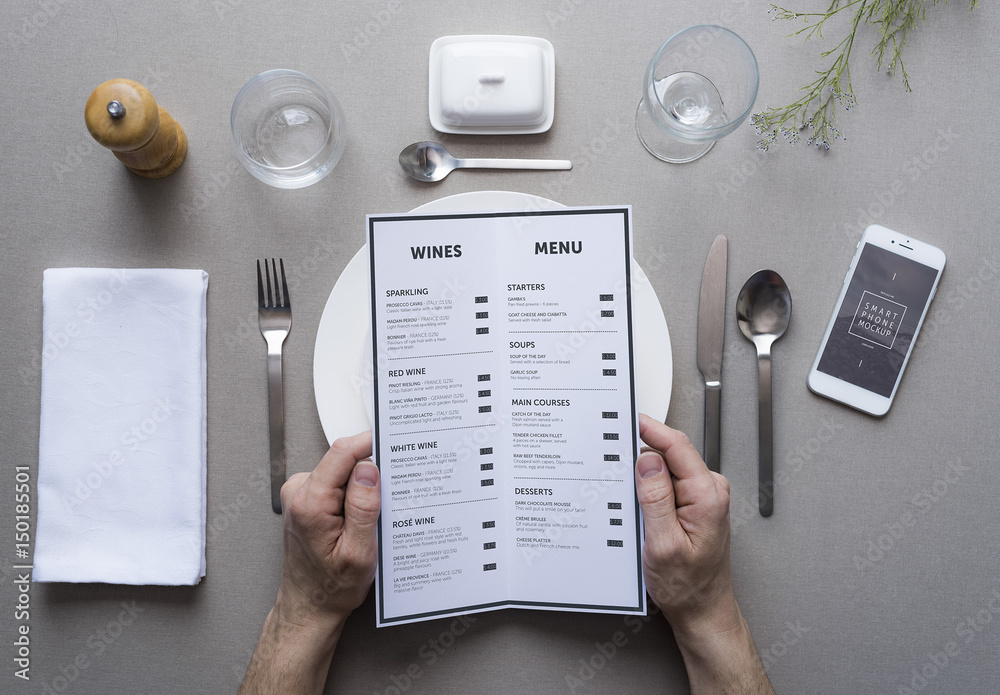 Restaurant Patron with Menu and Smartphone Mockup 1 Stock Template